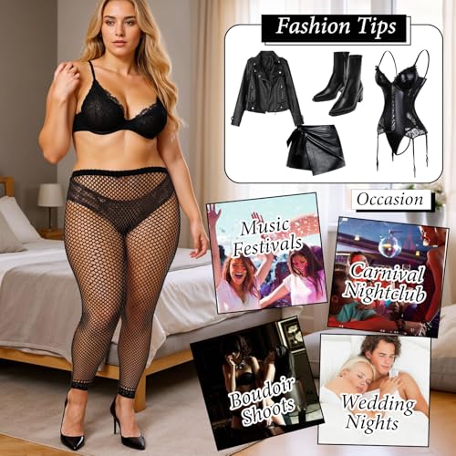 3 Pairs Women's Plus Size Fishnet Stockings, High Waist Stretchy Footless Tights, Black Pantyhose For Daily XL-4XL3