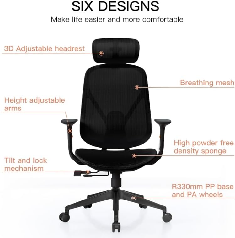Miniatura 8 de Silla de oficina de malla, silla de oficina ergonómica con soporte lumbar, reposacabezas ajustable 3D y cojín de asiento suave deslizante, soporta