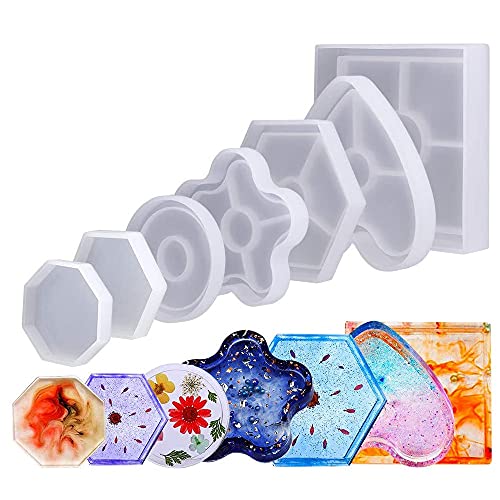 DIY Untersetzer Silikonform, Gießformen Silikon, 7 Stück Silikonformen Inklusive Sechseckig, Quadrat, Rund, Herz, Achteck, Blütenform Gießharz Formen für Seifen Halter, Tischdekoration, DIY Basteln Cover