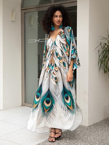 Image of IMAGEKOPE Women's Plus Size Animal Print V-Neck Batwing Kaftan Beach Dress Bathing Suit Cover-Up Loungewear