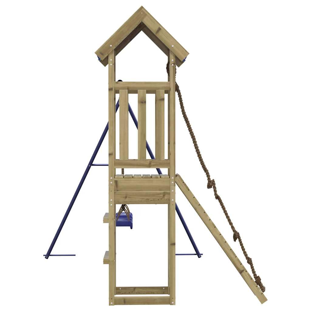 Torre de juego de madera de pino impregnada con columpio y estructura de escalada para jardín, casa de juegos al aire libre con caja de arena, tobogán y cuerda, dispositivo de juegos robusto