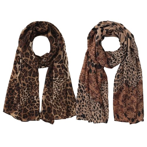 DKDDSSS 2 Stück Damen Schal mit Leopard Muster, Damen Schal, Leoparden Schal, Sommer und Helbst Leo Schals für Frauen