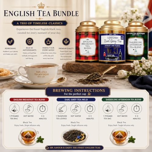 Image of Sancha Tea Boutique English Tea Bundle, 50 Pyramid Tea Bags & 100g Whole Leaf Tea, English Breakfast Tea, Afternoon Tea & Earl Grey Tea, Assorted Tea Pack, Golden Orange Pekoe Tea