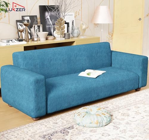 Image of Lukzer 4 Seater Blue Lining Design Universal Sofa Cover | 360 Fully Covered Anti-Slip Washable Couch Cover Protecter | 140 GSM Stretch Fit Polyester + Spandex Slipcover (230-300cm /SC-022-04)