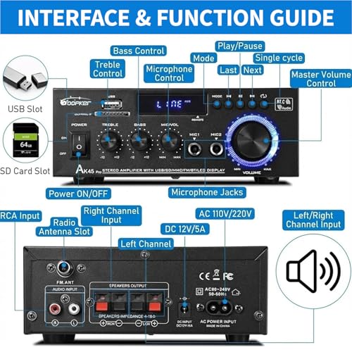 Amplificateur audio stéréo HiFi AK45 Bluetooth 2 canaux 60W avec télécommande pour la maison - 3