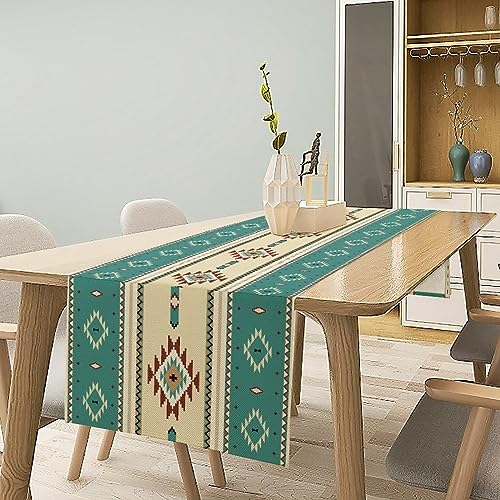 Image of Aztec Table Runner,Ethnic Southwestern Mexican Native Indian Green Pattern Retro Table Decor Kitchen Dining Room Party Decor 13x72 inch