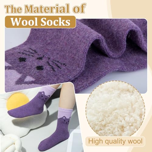 Image of 5 Pairs Wool Socks for Women, Winter Warm Cute Cat Crew Socks