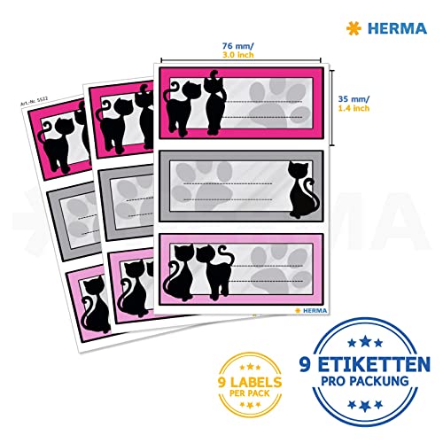 HERMA 5522 Buchetiketten zum Beschriften, Schwarze Katzen (76 x 35 mm, 9 Namensaufkleber, Papier, matt) selbstklebend, permanent haftende Schuletiketten für Bücher, Hefte, Boxen, Haushalt, bunt
