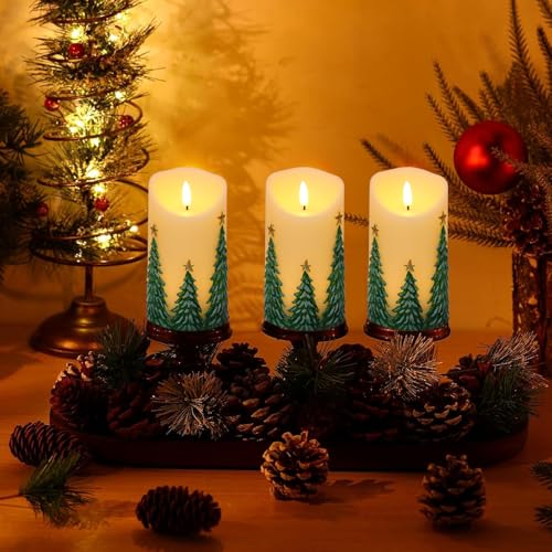 Image of Eldnacele Christmas Flameless Candles with 6 Hour Timer Battery Operated Hand Painted Christmas Tree Real Wax 3D Wick Flickeirng LED Pillar Candle for Dinner Indoor Holiday Xmas Decor(2Pcs,D3xH5.7)
