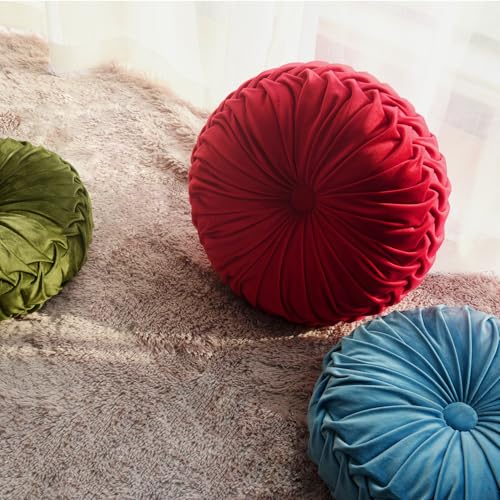 Image of HIG Set of 2 Dusty Blue Ruched Velvet Round Throw Pillows - 14.5'' Decorative Pillows with Soft Polyester Filling for Couch, Bed, Living Room, Bedroom, or Dorm - Handmade, Stress Relieving, All-Season