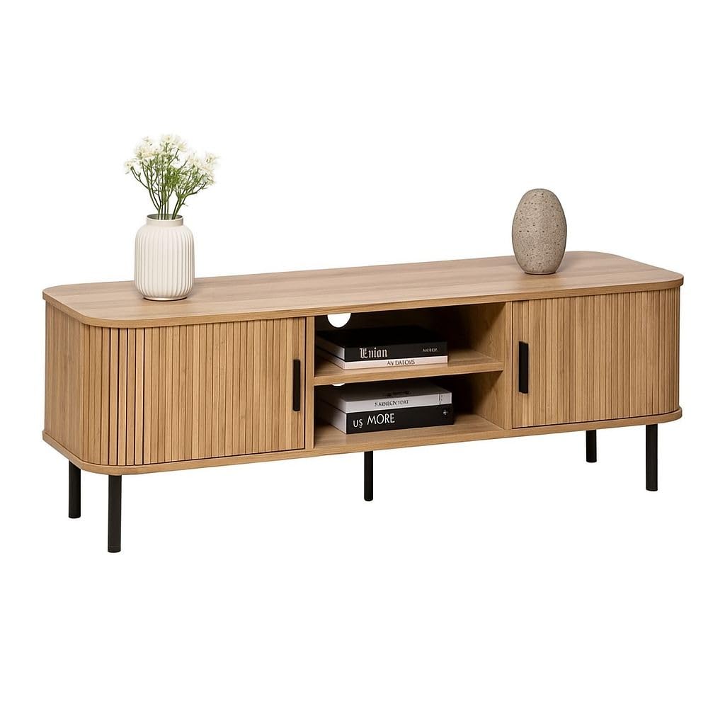 Meuble TV Bois Clair avec Portes Coulissantes – Design Industriel et Élégant – pour Télévision Jusqu’à 140 cm – Rangement Salon Fonctionnel – Meuble Télé Moderne Chêne Clair - H55 x L140 x P40cm
