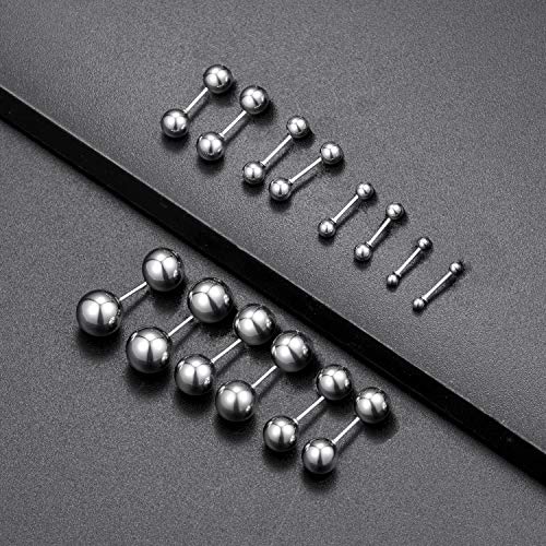 Tornito 14 Pairs Stainless Steel Ball Stud Earrings Barbell Cartilage Tragus Helix Ear Piercing For Men Women 2-8mm Silver Black4