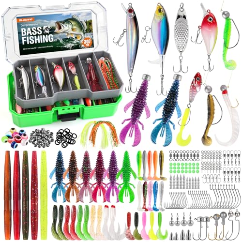 PLUSINNO Bass Fishing Lures - 307PCS Professional Bass Fishing Kit with 6 Pre-Rigged Rigs, All Water Depths Fishing Tackle Box Kit, Fishing Gear Lure Kit Gift for Men Freshwater Bass Trout Walleye