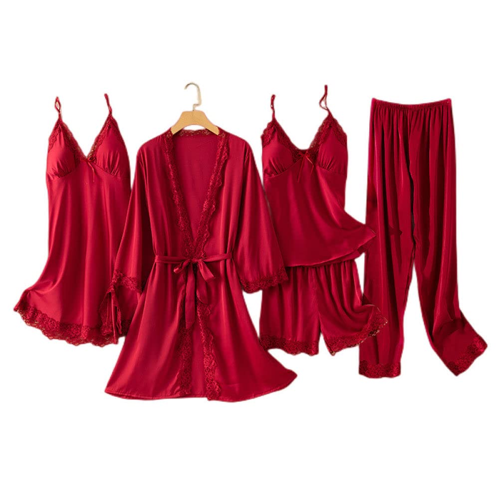 Pigiami Donna,Accappatoio Kimono In Raso A Cinque Pezzi Bordo Sexy In Pizzo Con Fiori Vestaglia Abito Da Notte Con Scollo A V Bordeaux Set Da Notte Babydoll Elegante Vestaglia Da Sposa Bademantel Da