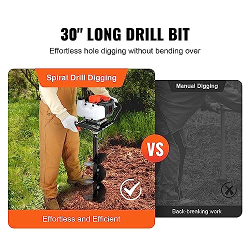 VEVOR Post Hole Digger, 43cc 1250W Auger Post Hole Digger, Gas Powered Earth Digger with 8" Earth Auger Drill Bit, 30 inch Long Alloy Steel Auger, for Farmland, Garden and Plant, EPA Certification
