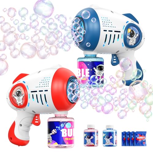 Minetom 2 Bubble Guns for Kids Toddlers with 2 Bottles Bubble Solution, 360-Degree Leak-Proof Design Bubble Blower for Party Favors, Summer Toy, Outdoors Activity