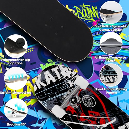 Image of Skateboards for Beginners Adults Youths Teens Kids Girls Boys 31 Inch Pro Complete Skate Boards 7 Layer Canadian Maple Double Kick Concave Longboards