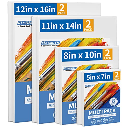 Image of FIXSMITH Stretched Canvas, Multipack of 8, 5x7, 8x10, 11x14 & 12x16 Inches - 2 of Each, 100% Cotton, 8 oz Gesso-Primed, Art Supplies for Acrylic and Oil Painting.