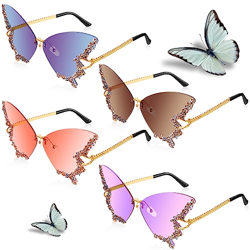 Xuhal 4 Pairs Rimless Butterfly Sunglasses Rhinestone Bling Sun Glasses Trend Gradient Butterfly Shaped Sunglasses for Women