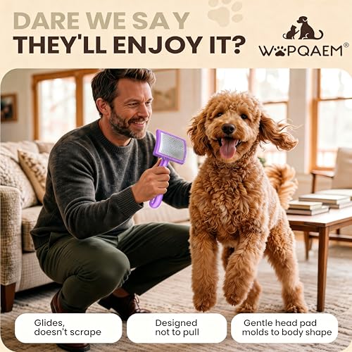 Image of Wooden Long Pin Slicker Brush for Dogs, Doodles, Poodles, Long Hair | Grooming, Detangling, and Fluffing for Wavy and Curly Hair-Designed for Heavy, Thick Coats to Prevent Matting at Home. Purple