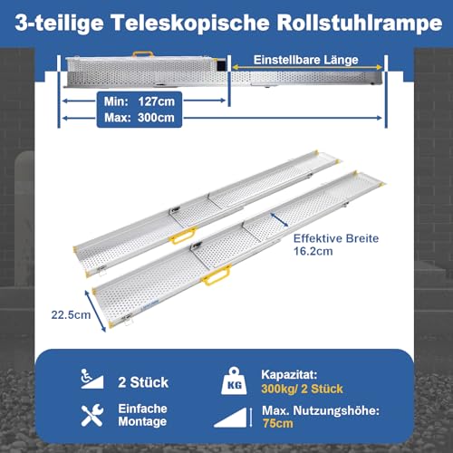 LIEKUMM 2 x 127-300 cm Auffahrrampe Rollstuhl, 300 kg Tragfähigkeit Rollstuhlrampe für Treppen, Stufen, Tragbar Teleskop Auffahrrampe für Elektro-Rollstühle, Fahrräder, Dreifach Ausziehbar