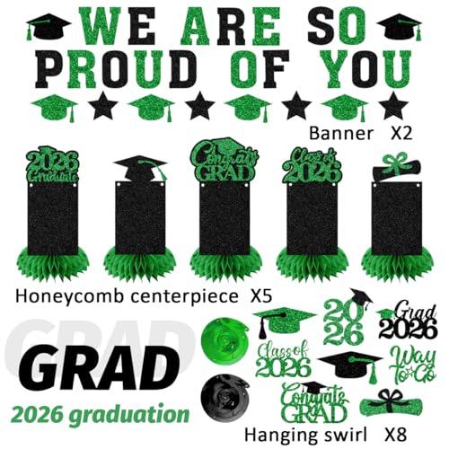 Image of Graduation Decorations 2026 - Green Congrats Grad Party Supplies Include Glitter We are So Proud of You Banner, Hanging Swirls and Honeycomb Centerpieces for Photo Toppers