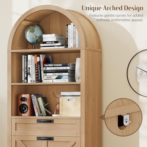 Image of Vabches 71 inch Tall Arched Bookcase with File Cabinet Drawer, Farmhouse Freestanding Wooden Bookshelf, 3-Tier Large Open Display Storage Shelves for Home Office Living Room, Natrual