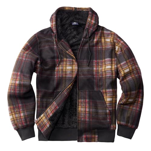 Image of TanBridge Plaid Flannel Hoodie Sherpa Fleece Lined Shirt Jacket Cotton Hoodies Zip Up Winter Warm Coat