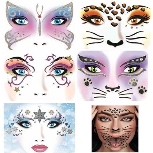 FOSDICK 5 Piezas Pegatinas para Tatuajes Faciales, Cara Tatuajes, Pegatinas Animales Cara, Leopardo, Cisne, Mariposa, Gatos, Etapa de Hielo, Pegatina de Tatuaje para Mascarada, Fiesta, Actuación
