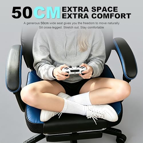 Image of Ergonomic Big and Tall Gaming Chair 400lbs Heavy Duty Computer Office Desk Chair with Footrest, Comfortable Pocket Spring Cushion & Linkage Armrests for Adults Blue