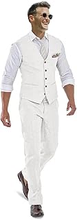 Casual Linen Beige Men's 2 Piece Suits Wedding Suits Slim Fit Groomsmen Tuxedos Prom Waistcoat Summer Linen Vest+Pant