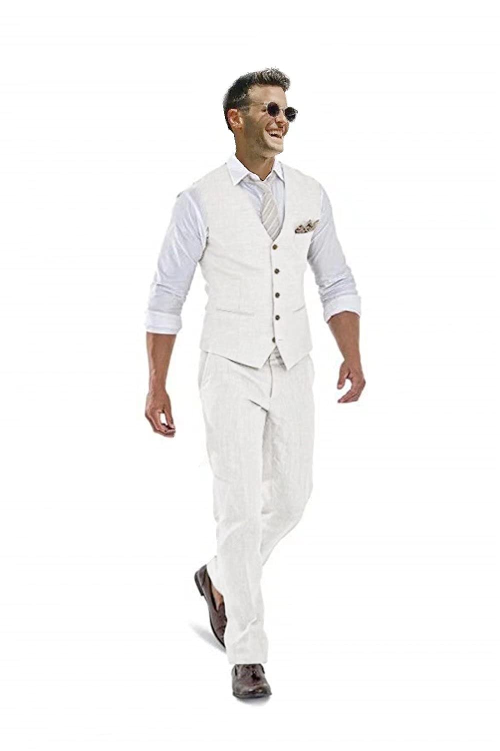 Casual Linen Beige Men's 2 Piece Suits Wedding Suits Slim Fit Groomsmen Tuxedos Prom Waistcoat Summer Linen Vest+Pant