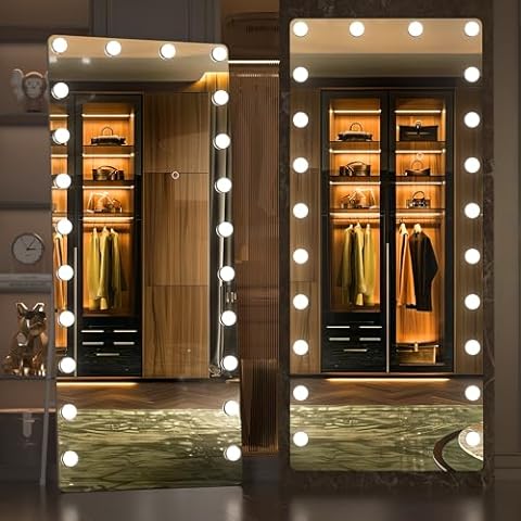 OUYOBO Full Length Mirror with Lights, 67" x 26" Led Standing Mirror, Hollywood Full Body Mirrors with Bulbs, Wall Mounted, 3 Colors Temperature Cover