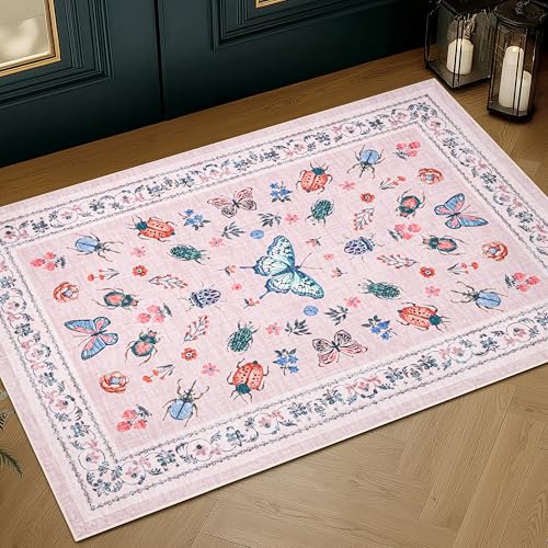 3x5 Pink Entryway Rug Insect Butterfly Floral Printed Patterned Rugs
