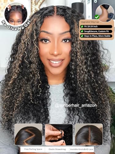 Image of Sunber Black With Light Blonde Highlights Water Wave Glueless Drawstring Wig Glueless Pre Everything 13x4 Lace Frontal Bye Bye Knots Pre Cut Lace Pre Plucked Pre Bleached Knots 150% Density 22Inch
