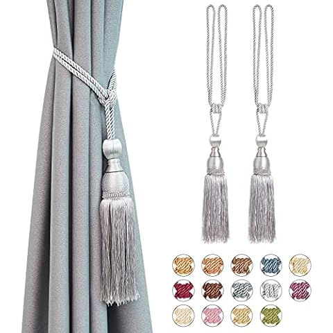 Pretty Jolly 2 Pack Mesh Ball Tassel Curtain Tiebacks European Vintage Style Curtain Holdbacks Handmade Braided Rope Decorative Drape Tie Backs for Home and Office Window Drapery (Sliver Grey) Cover