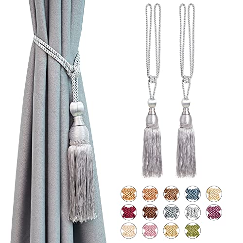 Pretty Jolly 2 Pack Mesh Ball Tassel Curtain Tiebacks European Vintage Style Curtain Holdbacks Handmade Braided Rope Decorative Drape Tie Backs for Home and Office Window Drapery (Sliver Grey)
