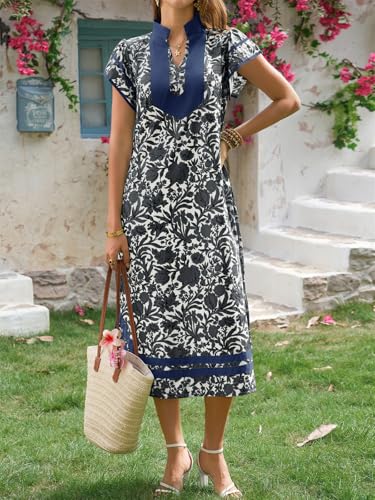Image of Wenrine Womens Summer Floral Maxi Dress Casual Short Cap Sleeve V Neck Color Block Side Slit Loose Boho Beach Dresses