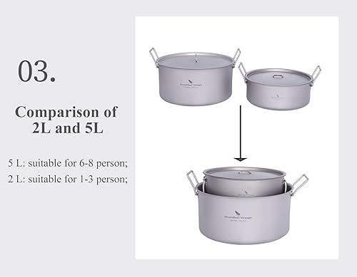 Miniatura 8 de Boundless Voyage Ti2104C - Olla de titanio de 5 litros con tapa, mango plegable, para exteriores, campamento, senderismo, picnic, hogar, cocina,