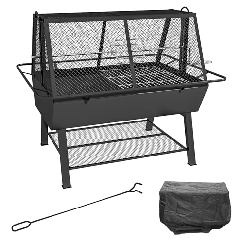 Outsunny 3-in-1 BBQ Rotisserie Grill Barbecue Roaster Fire Pit with Storage Shelf, Mesh Lid and Poker, Charcoal Chicken Spit Roast Machine with Waterproof Cover for Outdoor Picnic Camping, Black