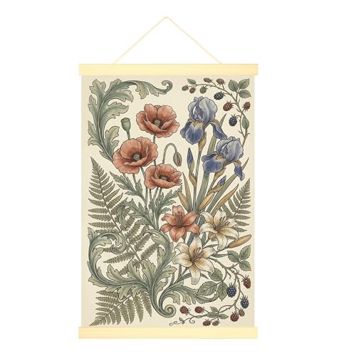 Poster botanique vintage iris et fougère rouge sourd 50x70 cm
