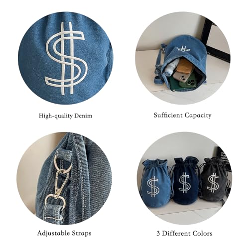 Denim Drawstring Backpack with Coin pouch, Large Money Dollar Sign Bucket Rucksack, Lightweight Sport Bags (Black)3