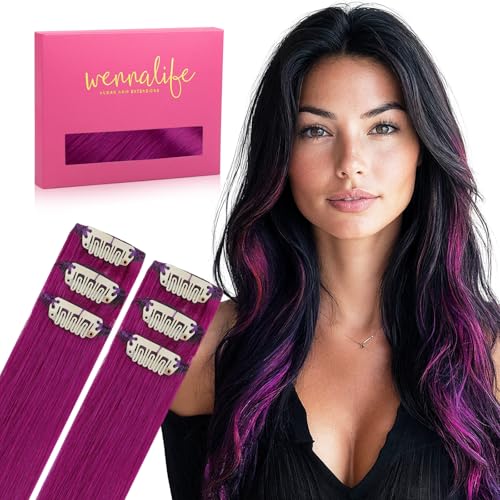 WENNALIFE Violet Clip in Hair Extensions Real Human Hair 35g 6pcs 16 Inch Colored Hair Extensions for Kids Women Colorful Hair Pieces Pop-up Style Straight Extensiones De Cabello Humano Con Clip