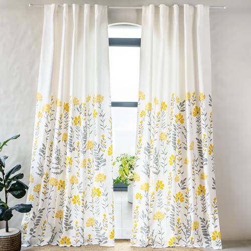 Image of Tranquebar Curtain Co. Cotton Curtains 7 Feet Long Set of 2, 60-65% Room Darkening, Yellow Floral Print, Door Curtains 7 Feet Set of 2, BackTabs, Mazzo (213 cm) - Set of 2