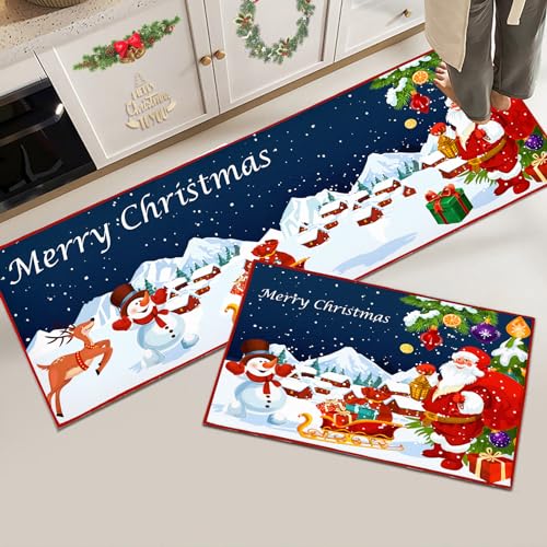 Hoimlm kerst keukenmatten, antislip, wasbare keukenmatten, hal, woonkamer, vloer, badkamer, kerstdecoratie (kerst C, 43 x 150 cm + 43 x 75 cm)