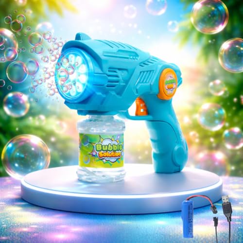 Image of VikriDA Bubble Gun Machine for Kids 4-8 | Automatic Bubble Blasters with Refill Solution Bottles | Outdoor Summer Toy for Parties & Play - Blue