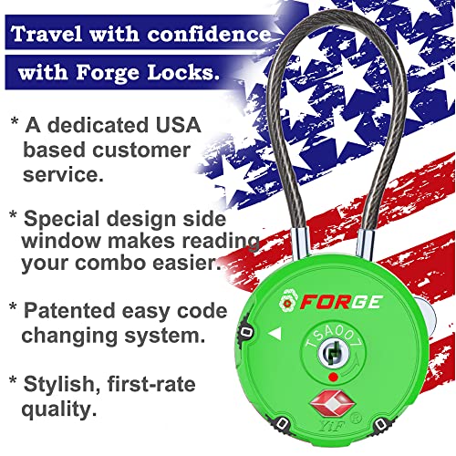 Image of Forge Quality TSA Approved Luggage Locks for Travel Accessories, Suitcase, Pelican case, Ammo Boxes, Set Your own Combination, Zinc Alloy Body-Cable Green 2 Locks