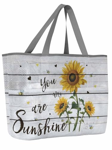 Mesh Beach Bag Oversized Tote Bags for Women Farm Sunflower Love Bee Large Travel Pool Bags with 8 Pockets