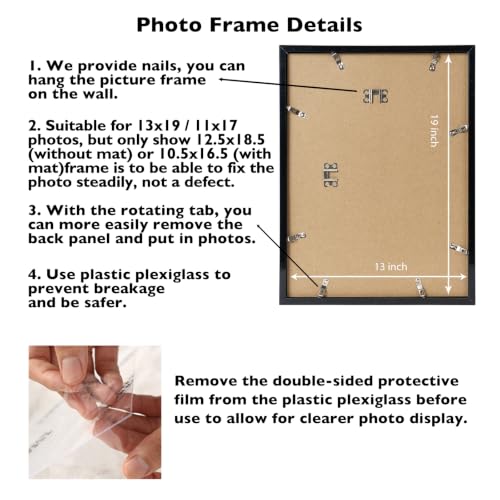 Image of JCJMY 13x19 Picture Frame with 11x17 Mat, Black 13 x 19 Poster Frame with Shatter Resistant Plexiglass, Display 11 x 17 with Mat or 13 by 19 Without Mat, Sturdy Wall Hanging Frame, 1 Pack