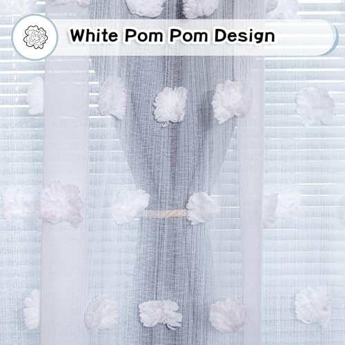 Image of MYSKY HOME Dusty Blue Curtains for Bedroom & Kids Room - 54 Inch Long, Double Layer, White Pom Pom, Sheer, Grommet, Darkening, Small Window, 2 Panels, 52 x 54 in